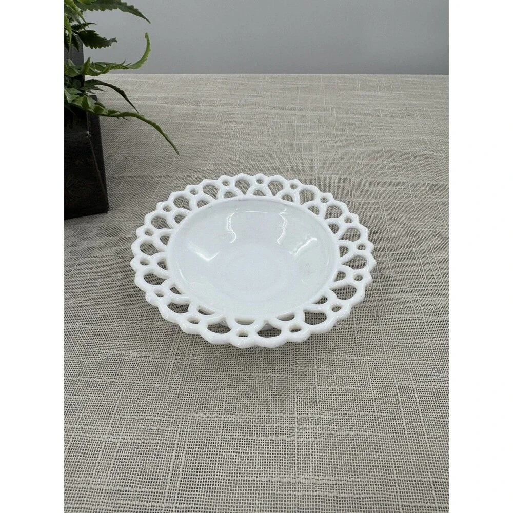 Vintage White Milk Glass Lace Edge Pedestal Bowl Openwork Dish Trinket Holder